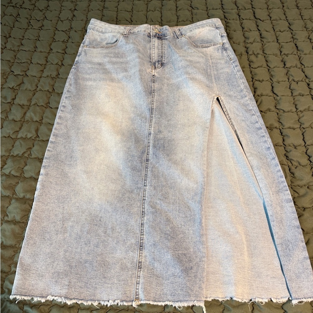 Light Blue Denim Midi A-Line Skirt with Side Slit